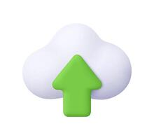 Cloud with green upload and download arrow. Media loading, data transfer, cloud storage and cloud computing. 3d icon. Cartoon minimal style. vector