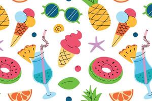 Bright tropical pattern with pineapple juice lemonade, watermelon pool float, ice cream, sunglasses, orange, leaves and seashells. Summer flat cartoon background, seamless illustration vector