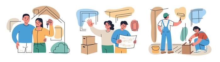 Set of scenes, moving to new home. Couple standing with keys in front of house, people planning renovation in new apartment, flat boxes illustrations, painting walls and assembling furniture vector