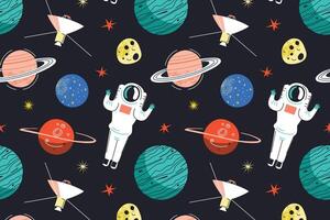 Seamless pattern in flat cartoon style with astronaut, space probe, planets, asteroids. Playful illustration for childrens textiles, books, wallpaper, wrapping paper, educational materials vector