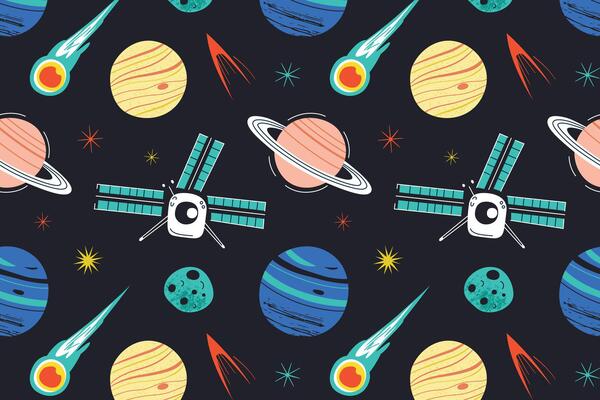 Seamless space pattern with planets, meteors, asteroids, stars, and space station. Flat cartoon illustration for kids, childrens textiles, wallpapers, wrapping paper, child stationery