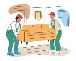 Flat illustration of movers in overalls and caps carrying sofa, transporting furniture during relocation to new home. Cartoon men characters. Moving service ads, blog visuals, and web design vector