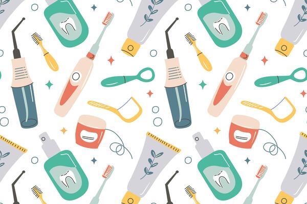 Seamless pattern with dental care accessories, illustrations of toothbrushes, toothpaste tubes, floss, tongue scraper, interdental brushes, mouthwash bottles, and irrigators. Flat cartoon style