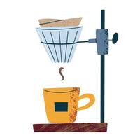 Pour over brewing setup with coffee dripper stand, filter coffee illustration, minimal kitchen scene with brewing accessories and cup. Flat cartoon icon, making coffee method vector