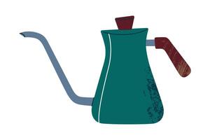 Gooseneck kettle with long thin spout and wooden handle, for precise pour over coffee brewing. Flat cartoon style, illustration. Textured iocon for coffee tutorials, branding, and infographics vector