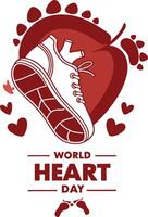 World Heart Day, Representing the concept of heart health, the image features a running shoe, a leaf, a heart, and footprints, set against a clean background. It is suitable for health campaigns. vector
