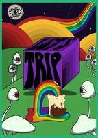 Psychedelic poster with a purple cube and distorted text lets trip, surreal mushrooms with eyes, rainbow sky, cosmic background, and a floating head vomiting a colorful rainbow stream. vector