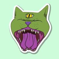 Surreal sticker green three-eyed cat with wide open mouth, sharp fangs, and a purple tongue. vector