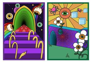 Psychedelic poster set with surreal eyes, colorful tunnels, geometric shapes, optical elements, blooming flowers, vibrant gradients, and trippy dreamlike landscapes in bold retro style. vector