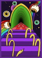 Psychedelic surreal illustration with floating eyeballs, a rainbow and tunnel, a red checkered path, and strange yellow snake-like forms on purple steps in a cosmic setting vector