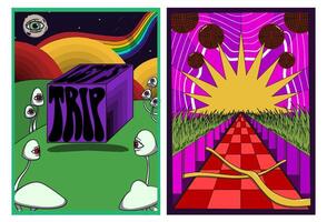 Psychedelic poster set featuring a purple cube with distorted lets trip text, surreal red tiled floor, cosmic star symbol, vibrant colors, and bold retro dreamlike visuals. vector