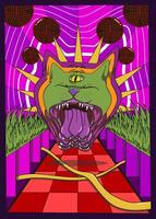 Surreal abstract illustration with a red checkered path, glowing sunburst, floating dark spheres, and a mystical cat head in the center, set in a vibrant geometric landscape. vector