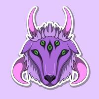 Psychedelic sticker. Purple goat head with four horns and five eyes, surreal and mystical design, graffiti-style text vector