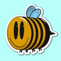 Psychedelic sticker. Bumblebee illustration with a smiling emoji face and graffiti tag-style text. Bold colors and surreal design create a vibrant, eye-catching composition. vector