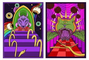 Psychedelic poster set featuring surreal animals with extra eyes, colorful tunnels, floating eyeballs, snakes, vibrant retro colors, and abstract dreamlike cosmic environments. vector