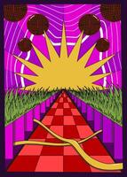Surreal abstract illustration with a red checkered pathway, glowing yellow sunburst, floating dark spheres, and vibrant purple and green background in a geometric landscape style. vector