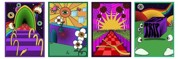 Psychedelic poster set featuring trippy cubes, surreal mushrooms, rainbow skies, cosmic elements, distorted typography, and vibrant dreamlike visuals in bold retro style. vector