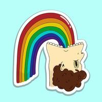 Psychedelic sticker of a guys head vomiting a rainbow with the phrase lets trip in a trippy font on the background. Bright colors and surreal style create a vivid visual impact. vector