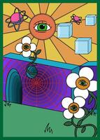 Psychedelic abstract illustration with eye-flowers, an all-seeing sun, and a mysterious wall in the center, surrounded by vibrant colors and surreal dreamlike elements. vector