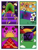 Set of psychedelic posters with trippy cubes, surreal mushrooms, rainbow elements, cosmic backgrounds, distorted text, and vibrant retro visuals in a bold dreamlike style. vector