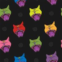 Psychedelic multicolor cats pattern featuring whimsical three-tongued felines in vibrant hues. Unique, colorful, and eye-catching design perfect for various creative projects. vector