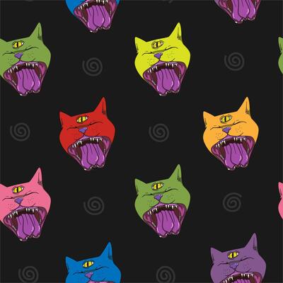 Psychedelic multicolor cats pattern featuring whimsical three-tongued felines in vibrant hues. Unique, colorful, and eye-catching design perfect for various creative projects.