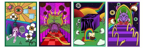 Psychedelic poster bundle featuring vibrant cubes, surreal mushrooms, rainbow details, cosmic themes, warped typography, and colorful retro-inspired dream visuals. vector