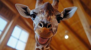 A close up of a giraffe's face with its tongue out photo