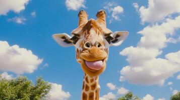 A giraffe sticking its tongue out in front of a blue sky. photo