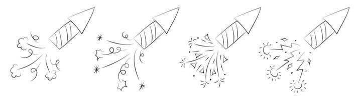 Party firework rocket element. Celebrate birthday symbol with firecracker burst. New Year event or anniversary with festive sparkle congratulation holiday doodle set. Celebration with ribbon explosion vector