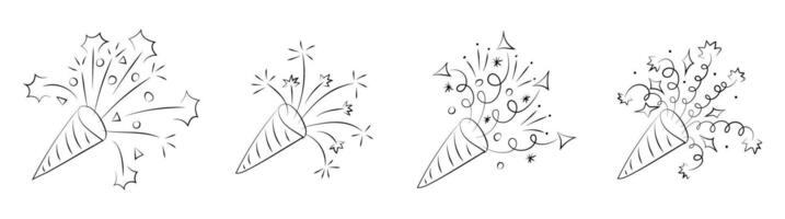 Party confetti popper line icon. Birthday or anniversary surprise with firecracker for celebration. New Year explosion drawing. Simple tada greeting sign doodle set. Festival ribbon cracker. vector