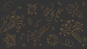 Gold firework and confetti burst background. Line birthday celebrate spark or anniversary graphic. New Year firecracker boom and ribbon explosion doodle design. Surprise party event set for fun. vector