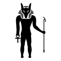 Anubis deity with jackal head ancient Egyptian god holds staff and anch cross silhouette mythical icon black color vector