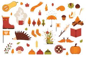 Set of Autumn Cozy Fall Season Elements Collection with Nature Objects and Leaves vector