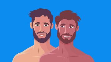 Two shirtless men smiling lovingly while standing close with isolated blue background video