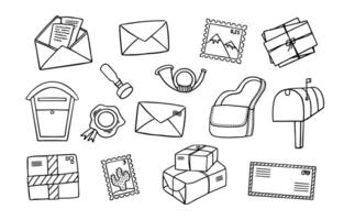 Mail and Post Doodle Set. Envelopes, letters, banderoles, letterboxes and other retro post office attributes. Hand drawn doodle sketch. Outline illustration vector