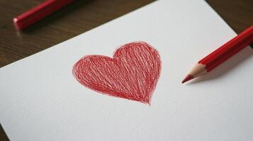 A red pencil is next to a red heart drawn on a piece of paper photo