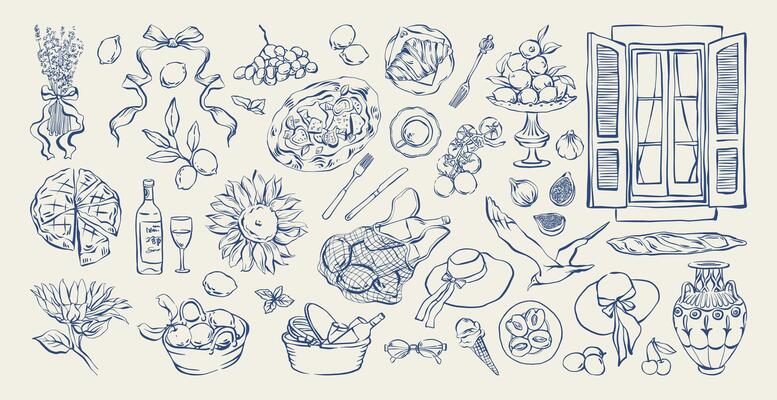 Mediterranean summer hand drawn doodle set. Italian or French coastal countryside lifestyle elements. Vintage whimsical summer picnic food, travel line art sketch for packaging, branding, card, decor.