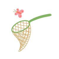 Butterfly net illustration. Landing net for catching butterflies. Flat cartoon butterfly net trap for card, book illustration, summer hobby, leisure concept. vector