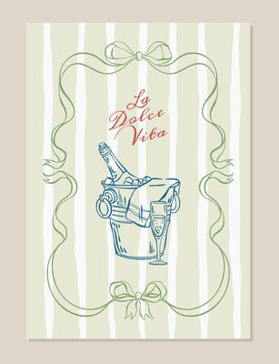 Hand drawn la dolce vita vintage card with champagne in an ice bucket. Italian whimsical illustration with coquette ribbon frame for wedding invitation, save the date, card, poster, postcard.