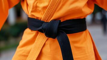 A person in an orange karate outfit is wearing a black belt photo