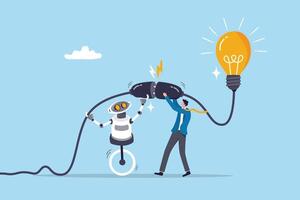 AI Artificial Intelligence support to business success, innovation or technology to get new idea, robot or automation for business concept, businessman plug in lightbulb with robot to work together. vector