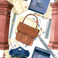 Seamless watercolor pattern, Post Day. Postman cap, post pole, letters, envelopes, mailboxes, pens for writing. All objects are hand-drawn with watercolor. For printing on packaging, postcards vector