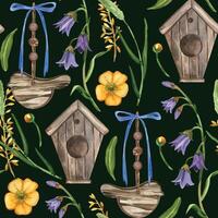 Watercolor pattern. Birdhouse, bird pendant, meadow flowers and herbs of different colors, bell, buttercups, all objects are hand-drawn with watercolor. For printing on fabric, paper vector