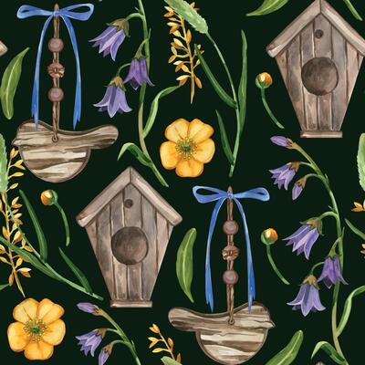 Watercolor pattern. Birdhouse, bird pendant, meadow flowers and herbs of different colors, bell, buttercups, all objects are hand-drawn with watercolor. For printing on fabric, paper