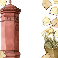 composition on the theme of mail and sending letters, a post pole, a postman's bag with letters, envelopes. All objects are hand-painted with watercolors. For printing on postcards for Post Day vector