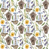 Seamless pattern. Birdhouse, bird pendant, meadow flowers and herbs of different colors, bell, buttercups, all objects are hand-drawn with watercolor. For printing on fabric, paper vector