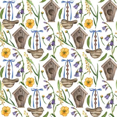 Seamless pattern. Birdhouse, bird pendant, meadow flowers and herbs of different colors, bell, buttercups, all objects are hand-drawn with watercolor. For printing on fabric, paper