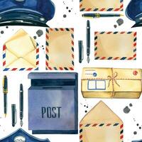 Watercolor seamless pattern of items for Post Day, letters, parcels, pens, ink stains and a postman's cap, mailbox. All objects are hand-drawn with watercolors. For printing on paper, fabric vector