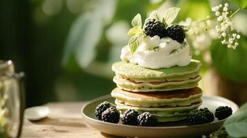 A stack of pancakes with whipped cream and blackberries photo